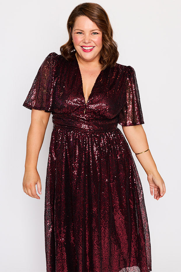 Tamie Burgundy Party Sequins Dress – Burgundy Party Sequins midi dress