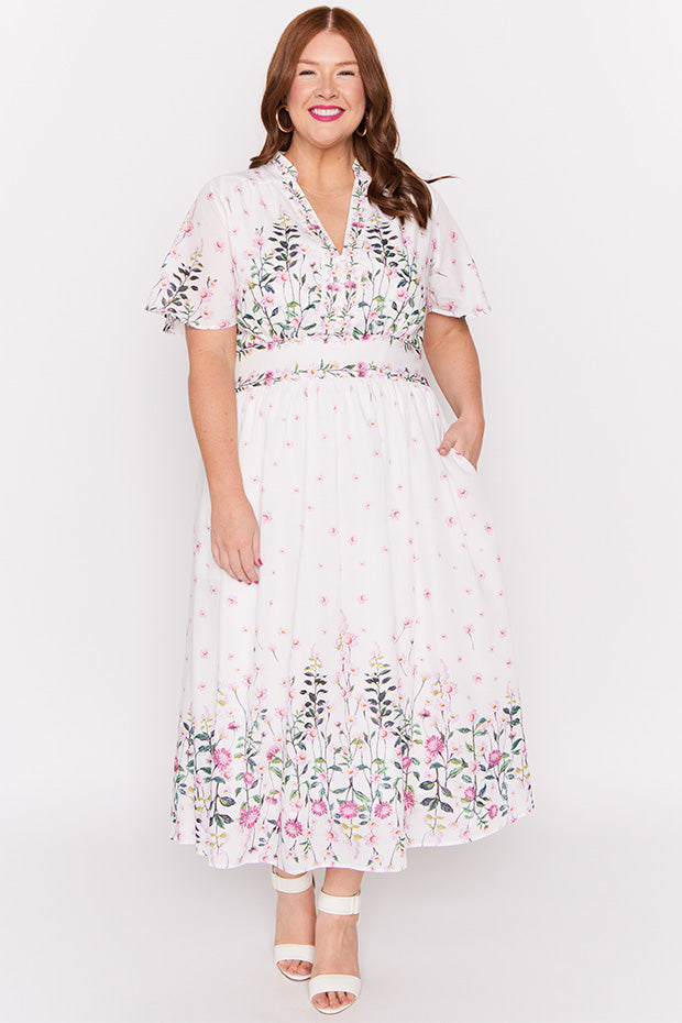 Stephanie White Dancing Clover Dress – White Dancing Clover midi dress