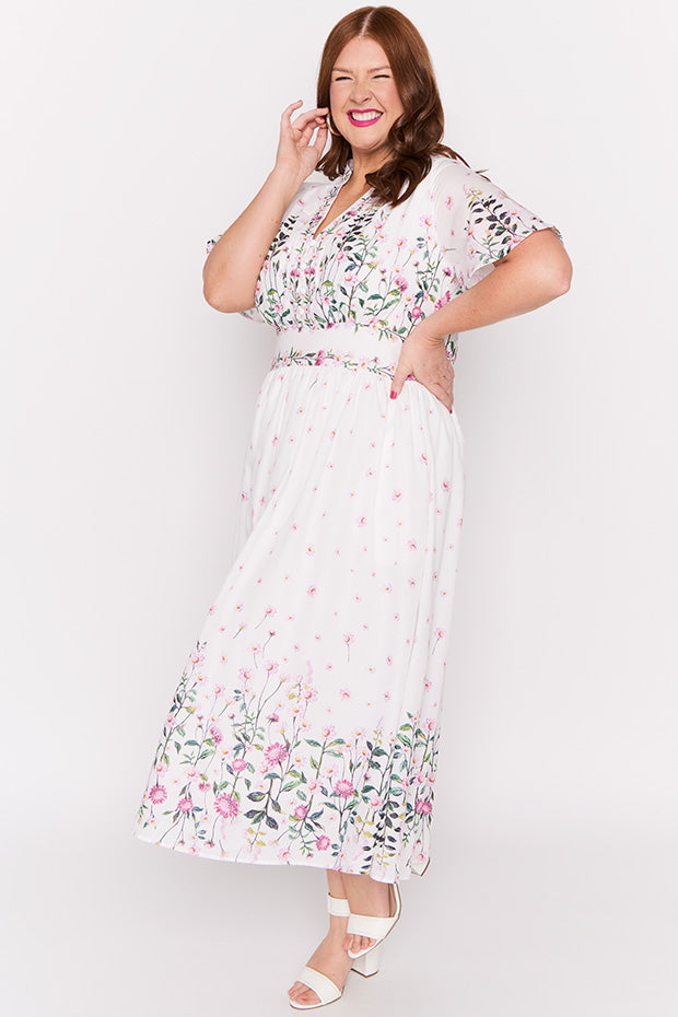 Stephanie White Dancing Clover Dress – White Dancing Clover midi dress