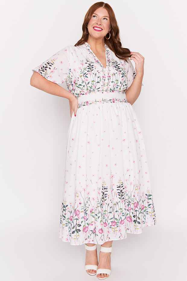 Stephanie White Dancing Clover Dress – White Dancing Clover midi dress