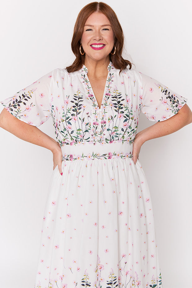 Stephanie White Dancing Clover Dress – White Dancing Clover midi dress
