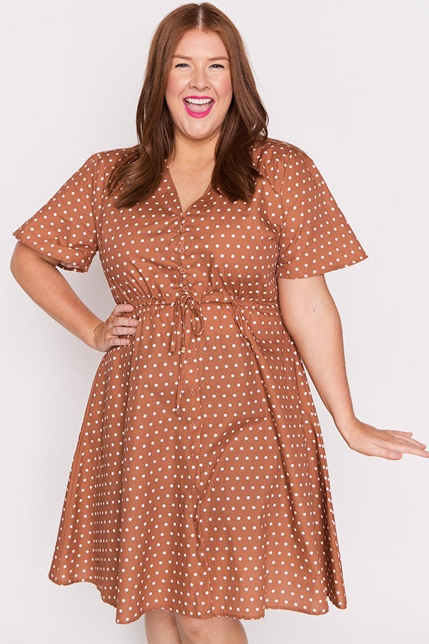 Siena Cotton Mocha Spot Dress โ Mocha Spot knee length dress