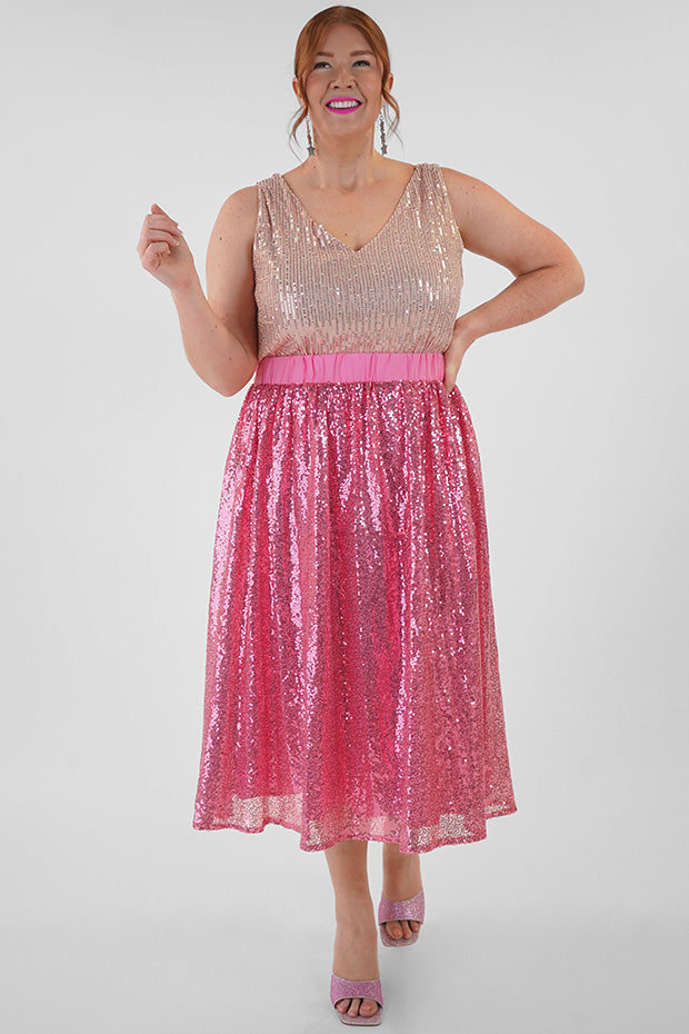 Eras Pink Sequin Skirt – Pink Sequin midi skirt