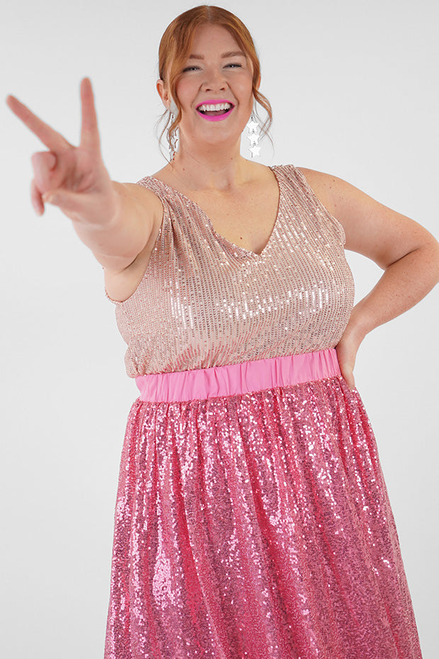 Eras Pink Sequin Skirt â Pink Sequin midi skirt