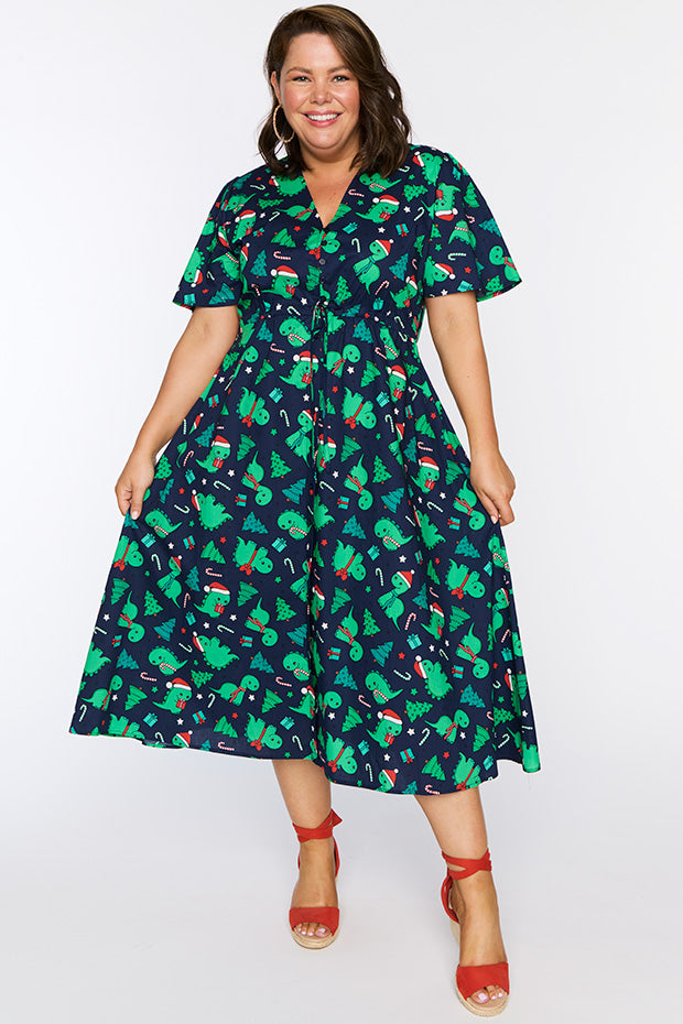 Marley Cotton Dino Christmas Dress – Dino Christmas midi dress