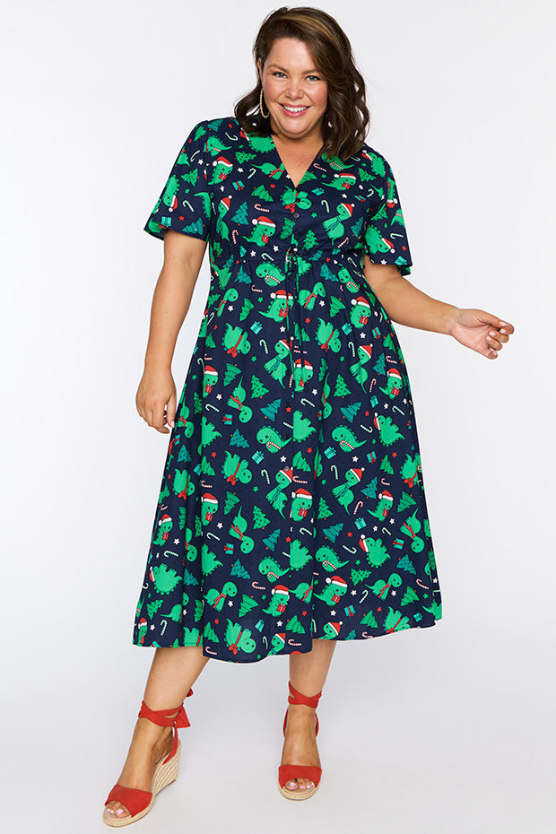 Marley Cotton Dino Christmas Dress – Dino Christmas midi dress