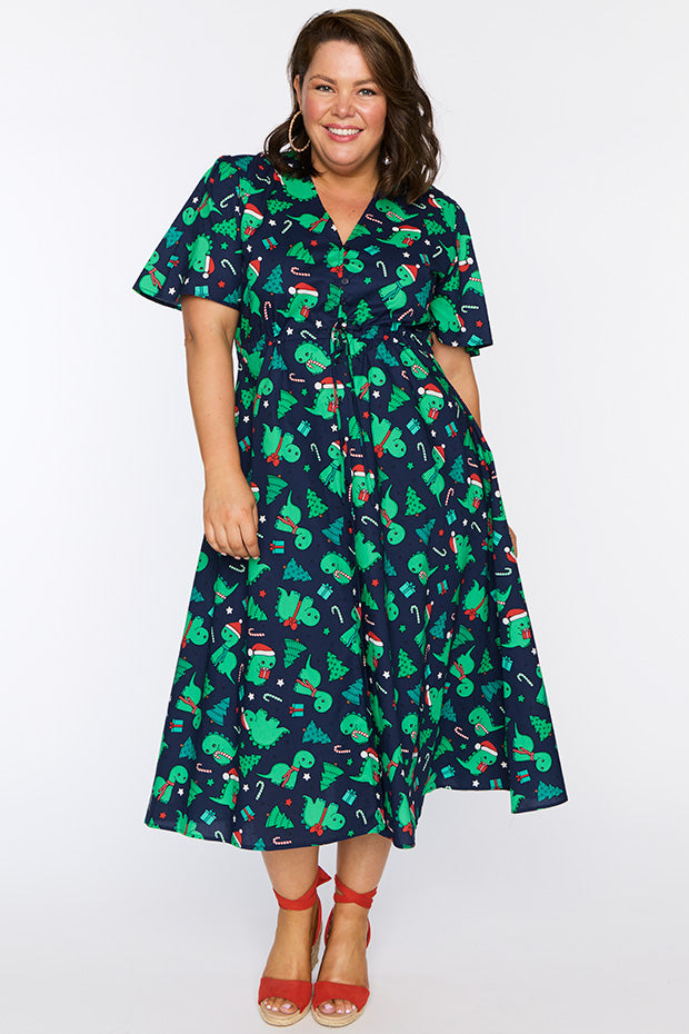 Marley Cotton Dino Christmas Dress – Dino Christmas midi dress