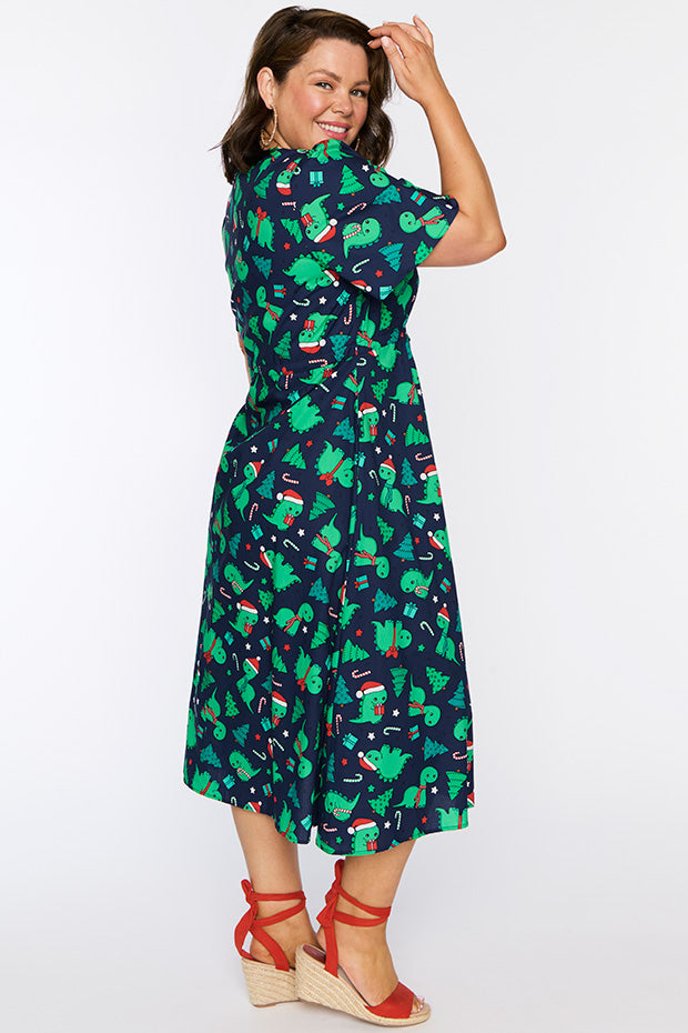 Marley Cotton Dino Christmas Dress – Dino Christmas midi dress