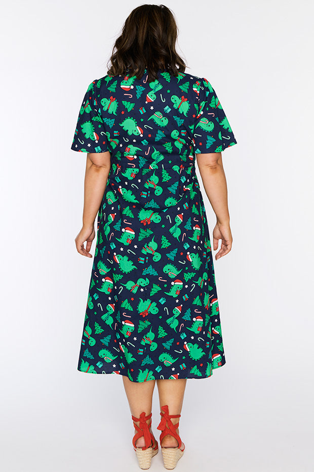 Marley Cotton Dino Christmas Dress – Dino Christmas midi dress