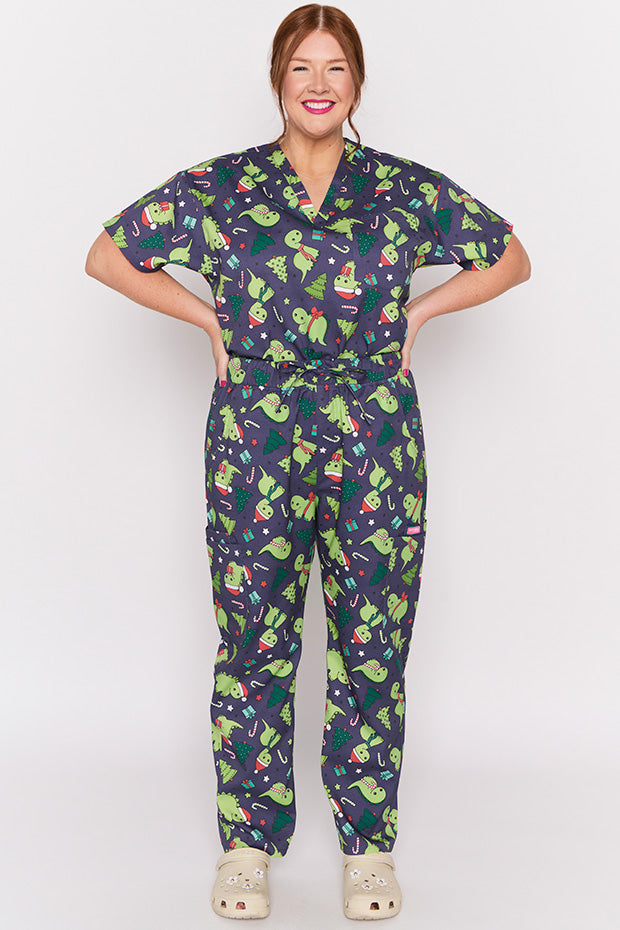 Cristina Dino Christmas Scrub Pant – Dino Christmas wide leg pants