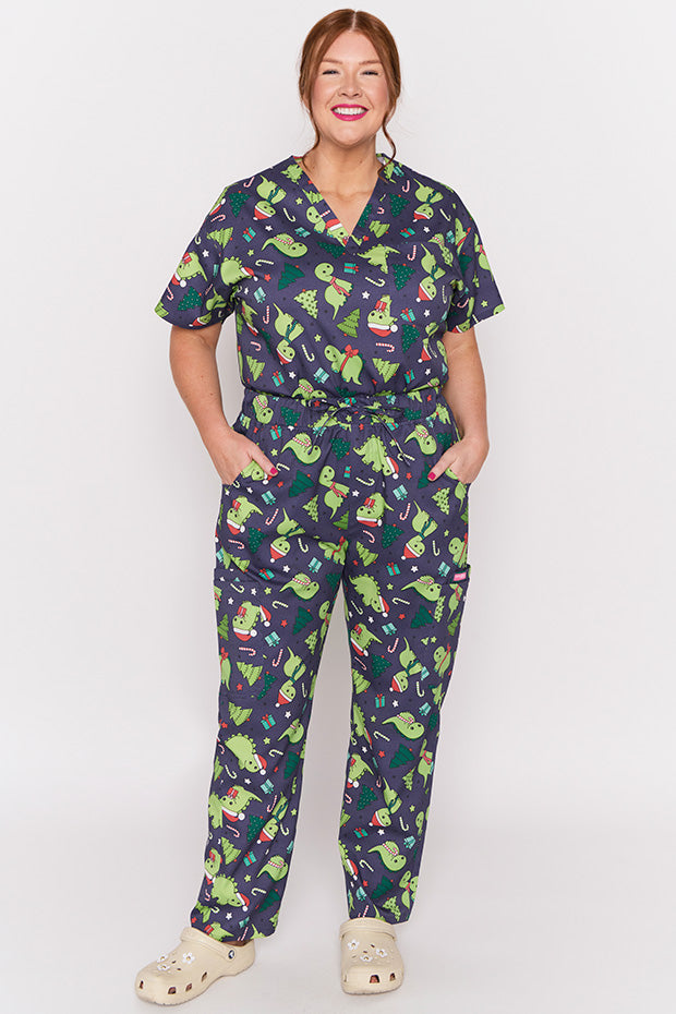 Cristina Dino Christmas Scrub Pant – Dino Christmas wide leg pants