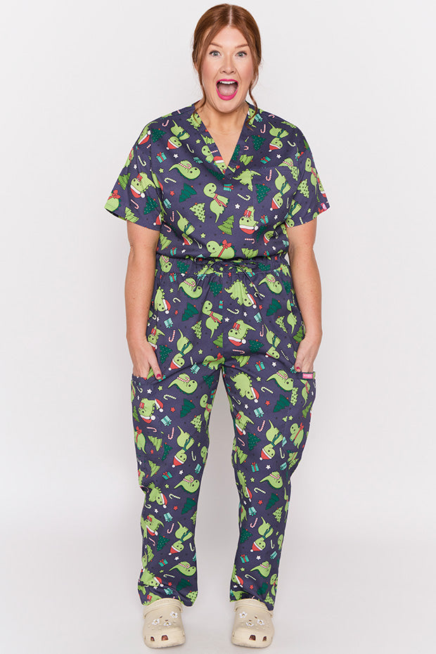 Cristina Dino Christmas Scrub Pant – Dino Christmas wide leg pants