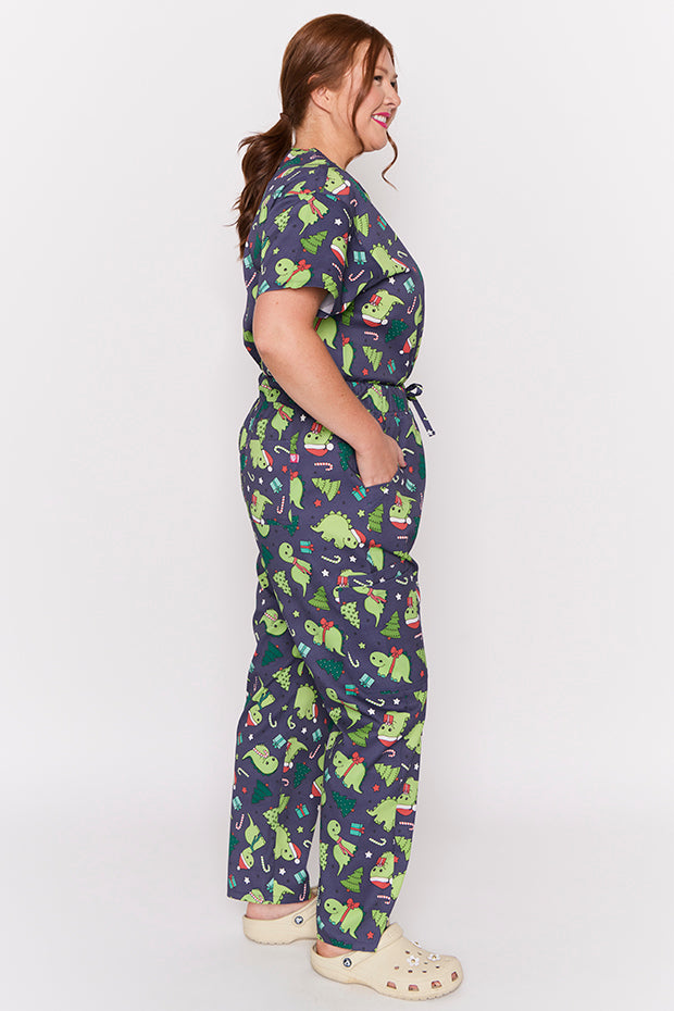 Cristina Dino Christmas Scrub Pant – Dino Christmas wide leg pants