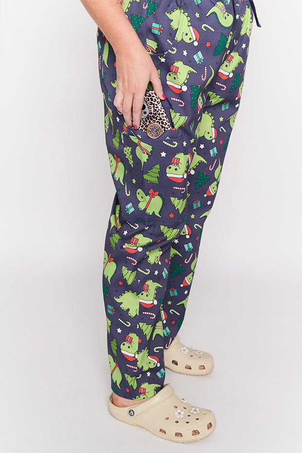 Cristina Dino Christmas Scrub Pant – Dino Christmas wide leg pants