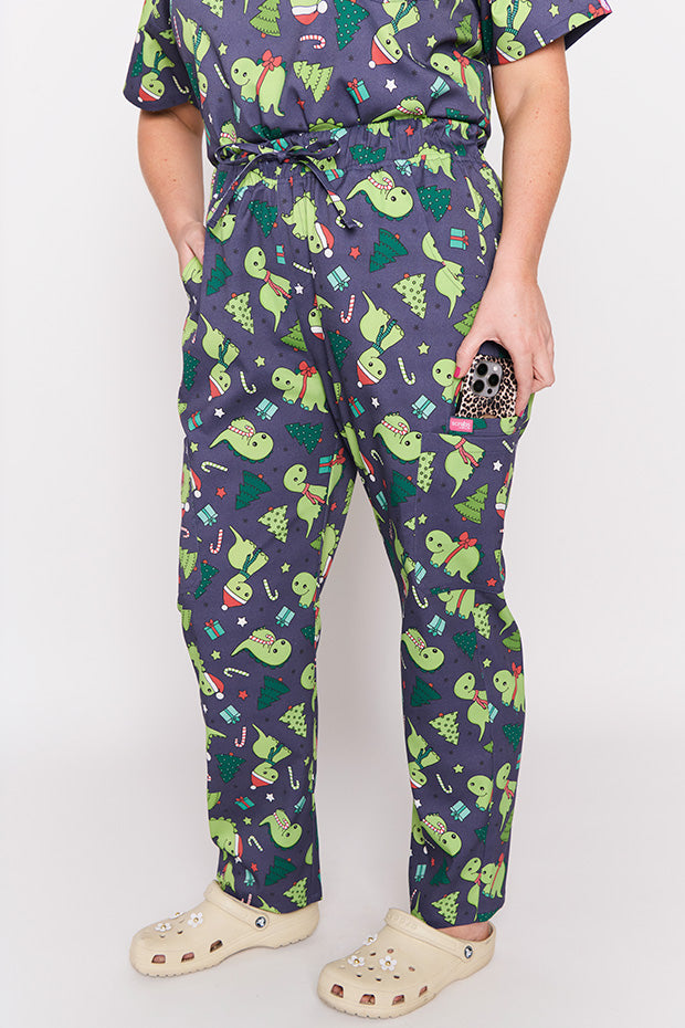 Cristina Dino Christmas Scrub Pant – Dino Christmas wide leg pants