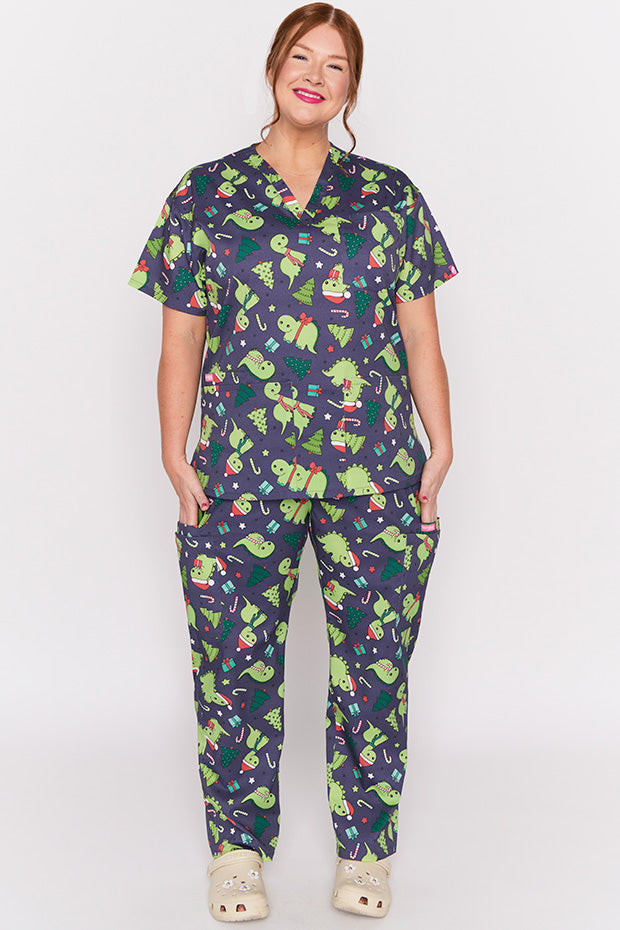 Meredith Dino Christmas Scrub Top – Dino Christmas top