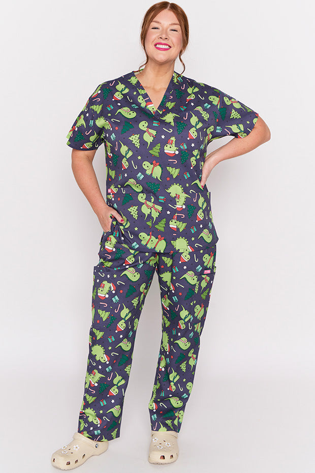 Meredith Dino Christmas Scrub Top – Dino Christmas top
