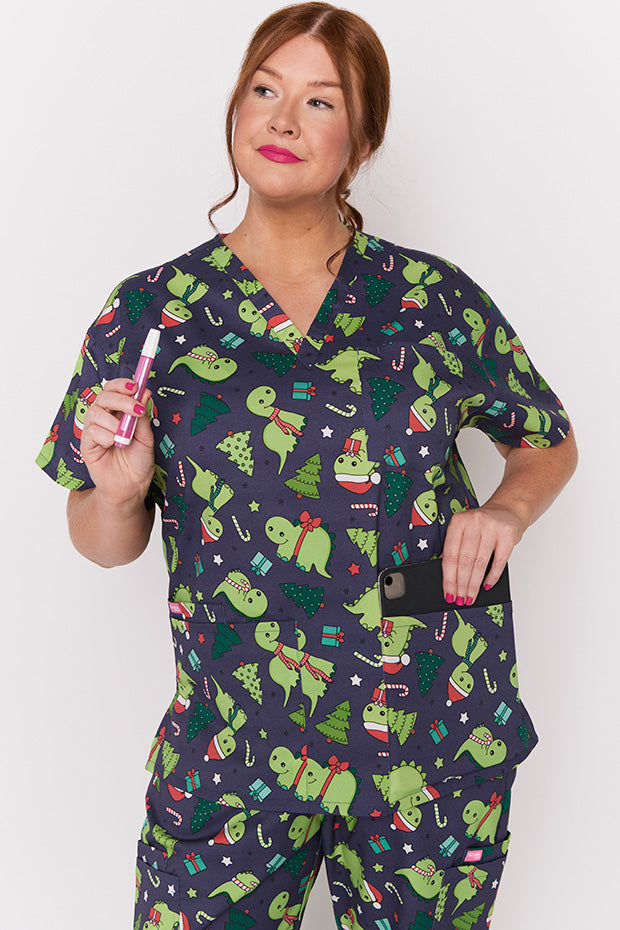 Meredith Dino Christmas Scrub Top – Dino Christmas top