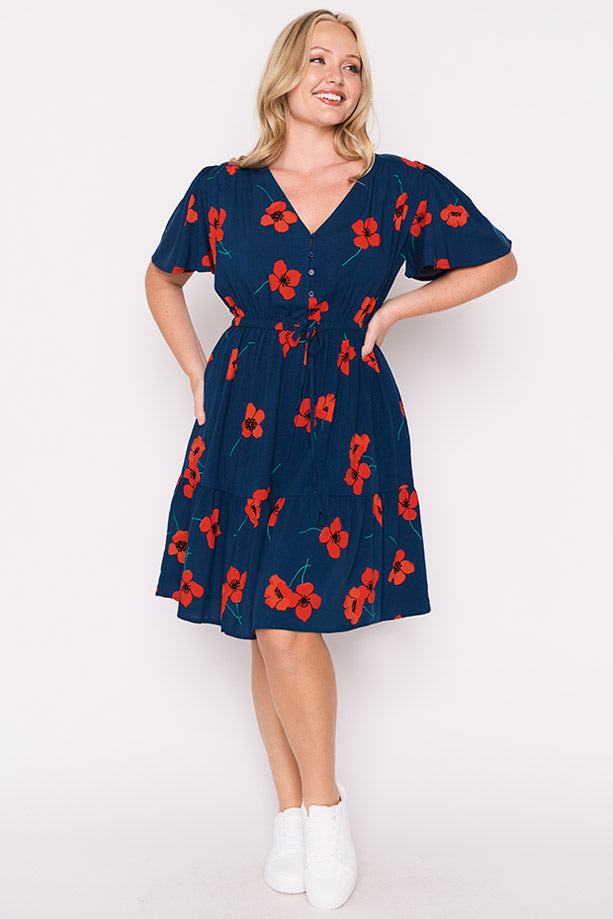 Remi Red Poppy Fields Dress โ Red Poppy Fields knee length dress