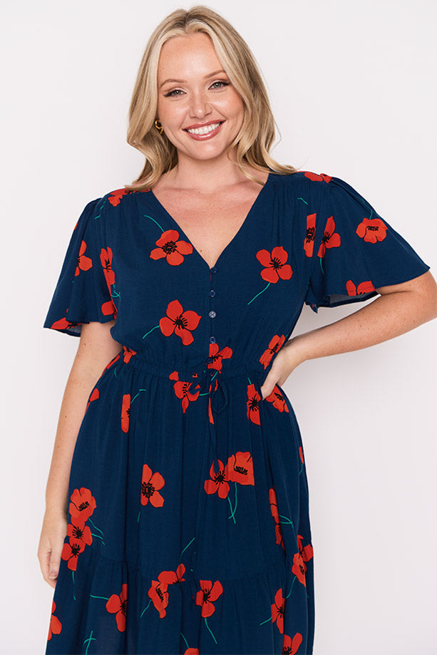 Remi Red Poppy Fields Dress โ Red Poppy Fields knee length dress