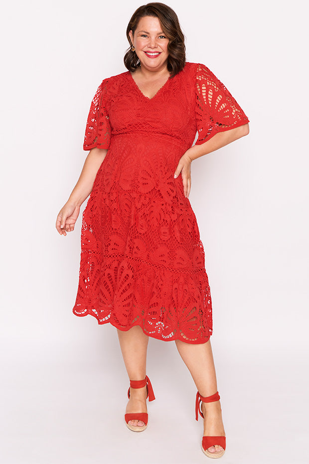 Nicolla Red Lace Dress – Red Lace midi dress