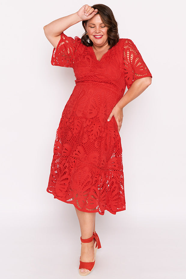Nicolla Red Lace Dress – Red Lace midi dress