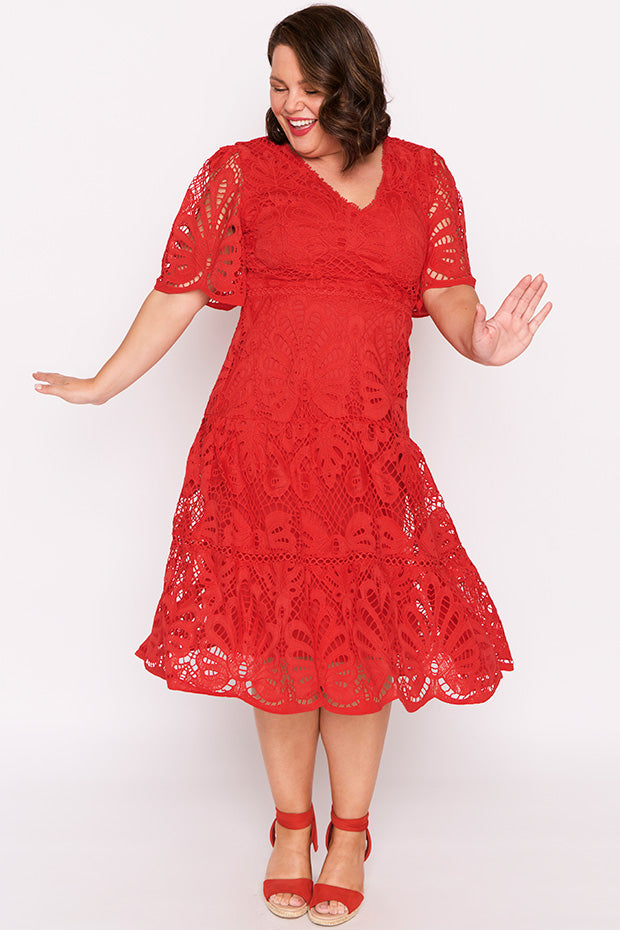 Nicolla Red Lace Dress – Red Lace midi dress
