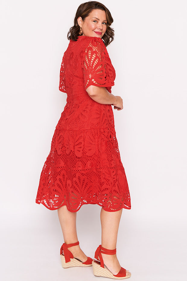 Nicolla Red Lace Dress – Red Lace midi dress