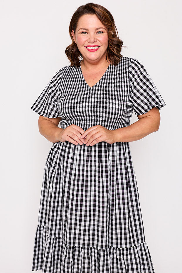 Lila Black Gingham Dress – Black Gingham midi dress