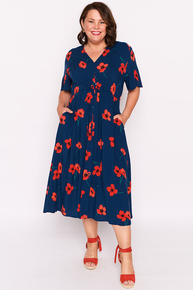 Michelle Red Poppy Fields Dress โ Red Poppy Fields midi dress