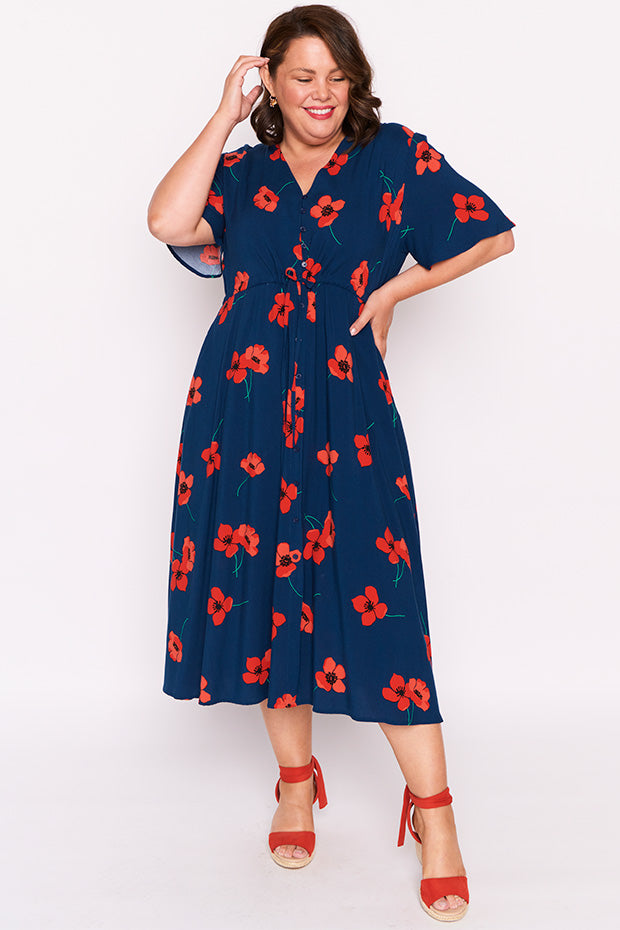 Michelle Red Poppy Fields Dress โ Red Poppy Fields midi dress