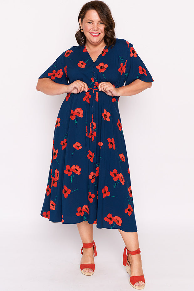 Michelle Red Poppy Fields Dress โ Red Poppy Fields midi dress