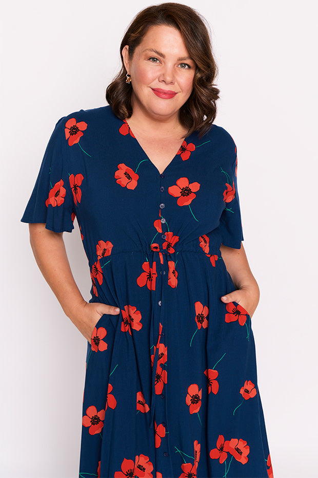 Michelle Red Poppy Fields Dress โ Red Poppy Fields midi dress
