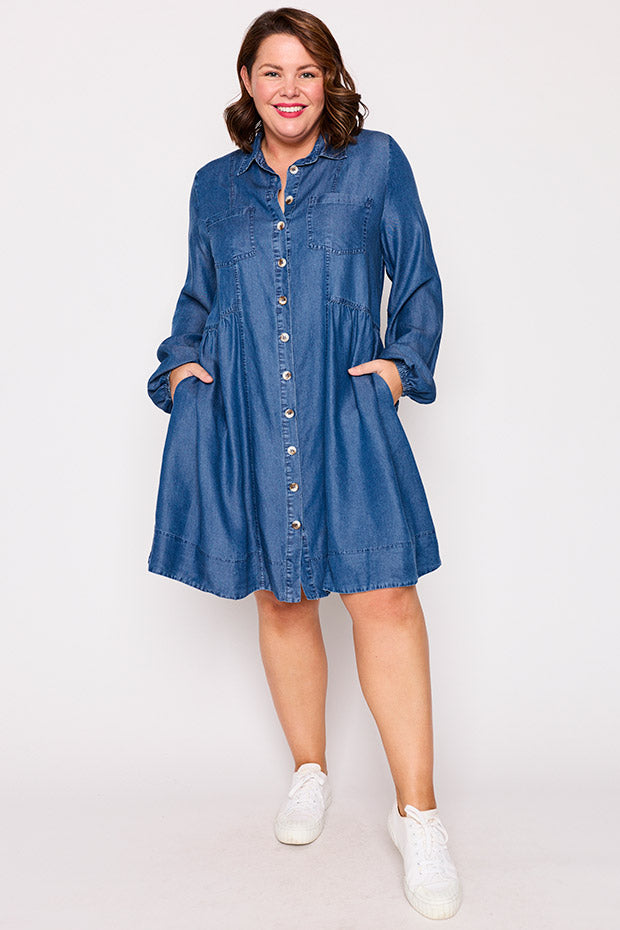 Tanzie Chambray Dress – Chambray knee length dress