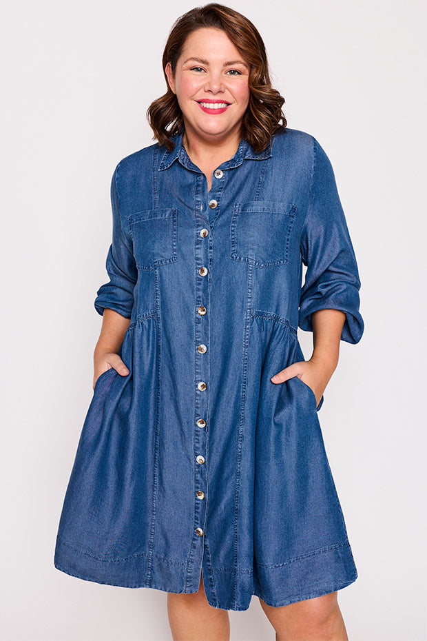 Tanzie Chambray Dress – Chambray knee length dress