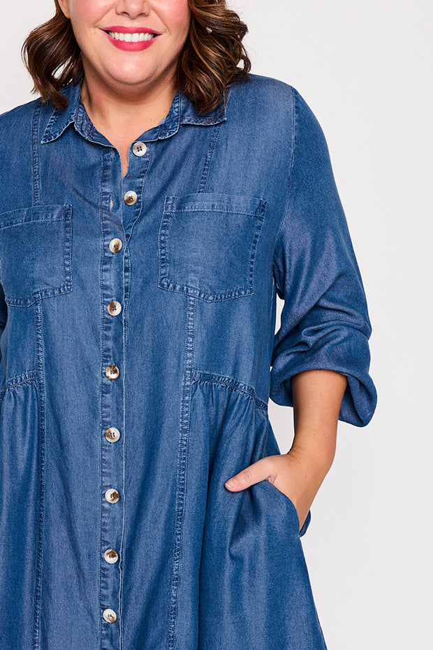 Tanzie Chambray Dress – Chambray knee length dress