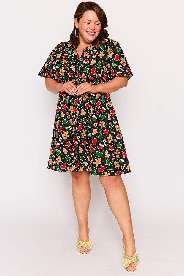 Siena Cotton Gingerbread Cookie Christmas Dress โ Gingerbread Cookie Christmas knee length dress