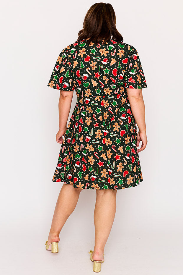 Siena Cotton Gingerbread Cookie Christmas Dress โ Gingerbread Cookie Christmas knee length dress
