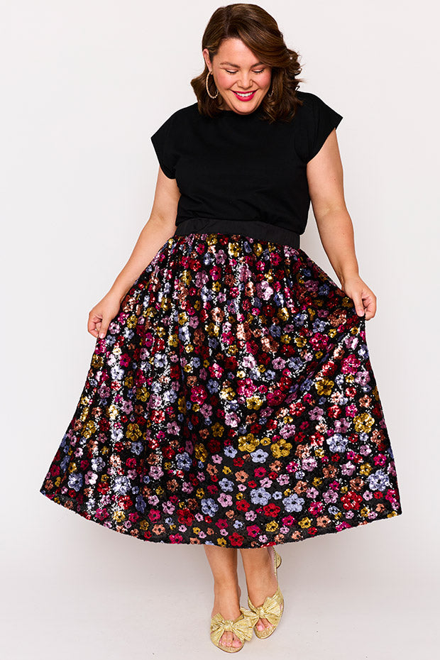 Eras Sunset Flower Sequin Skirt – Sunset Flower Sequin midi skirt