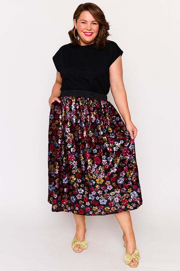Eras Sunset Flower Sequin Skirt â Sunset Flower Sequin midi skirt