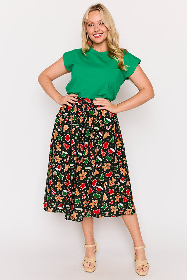 Simea Gingerbread Cookie Christmas Skirt – Gingerbread Cookie Christmas midi skirt