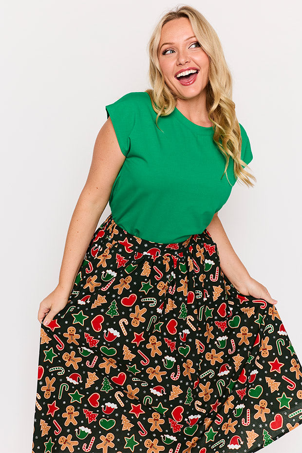 Simea Gingerbread Cookie Christmas Skirt – Gingerbread Cookie Christmas midi skirt