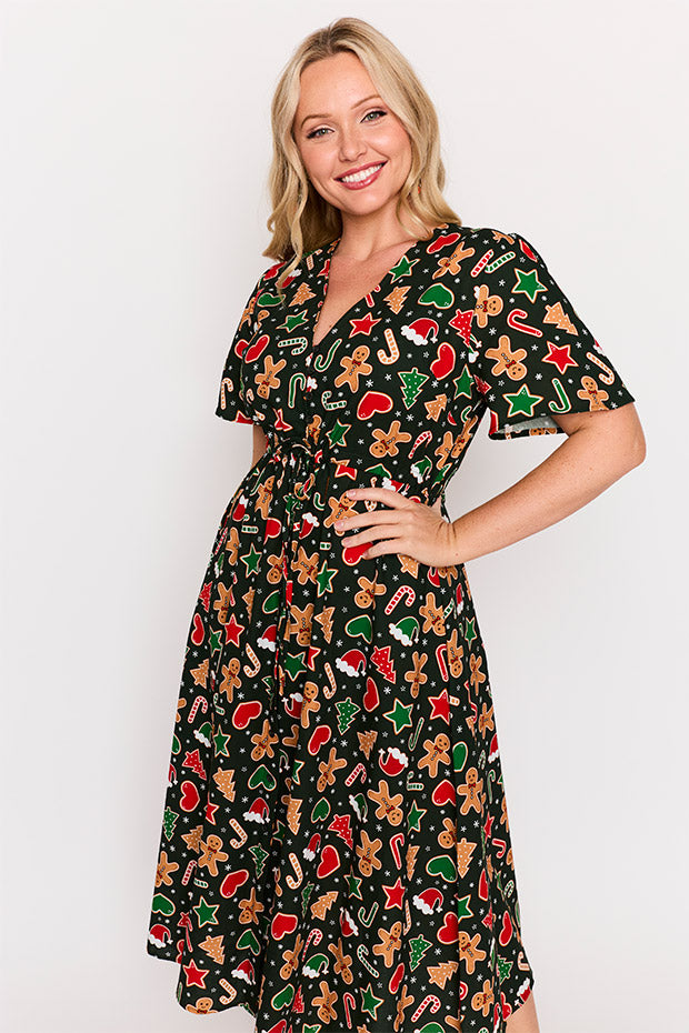 Marley Cotton Gingerbread Cookie Christmas Dress – Gingerbread Cookie Christmas midi dress