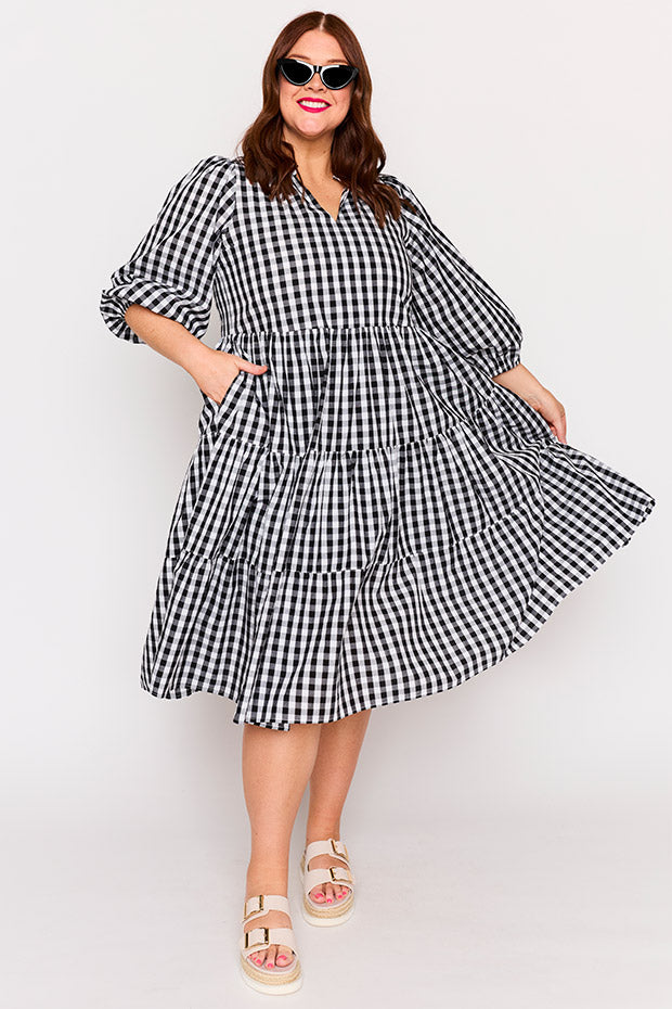 Crystal Black Gingham Dress – Black Gingham midi dress