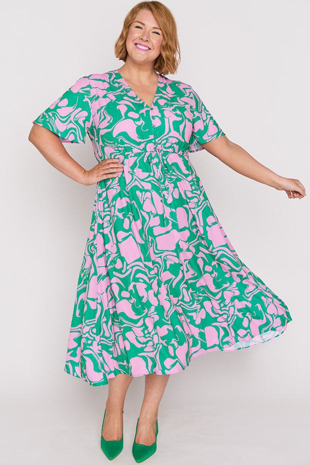 Marley Green Pink Abstract Dress – Green Pink Abstract midi dress