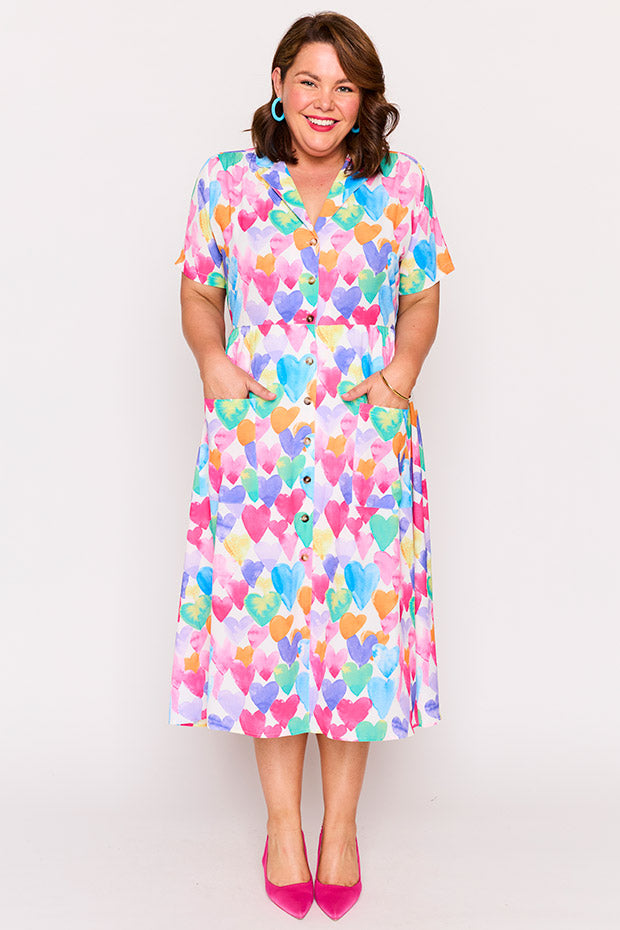 Florence Painterly Rainbow Hearts Dress – Painterly Rainbow Hearts midi dress