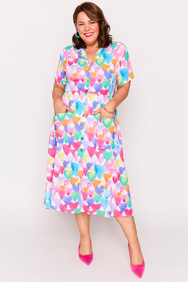 Florence Painterly Rainbow Hearts Dress – Painterly Rainbow Hearts midi dress