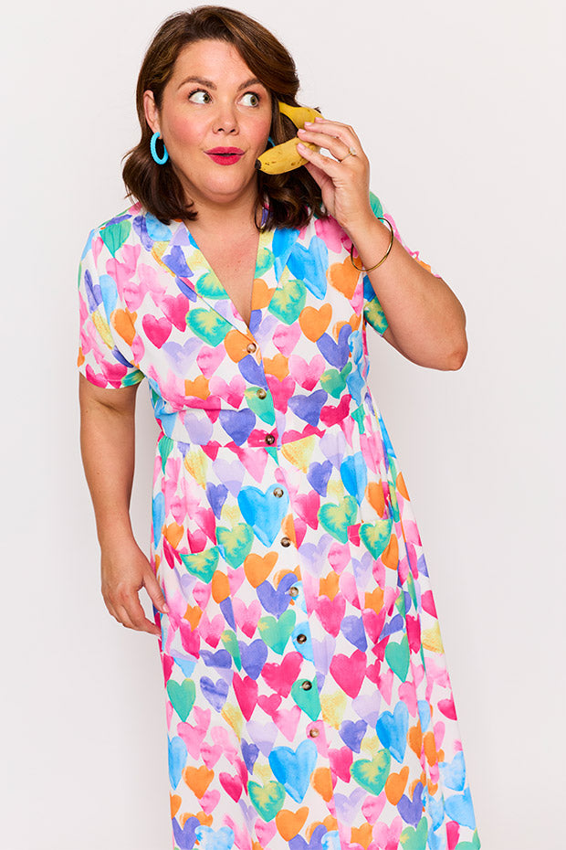 Florence Painterly Rainbow Hearts Dress – Painterly Rainbow Hearts midi dress