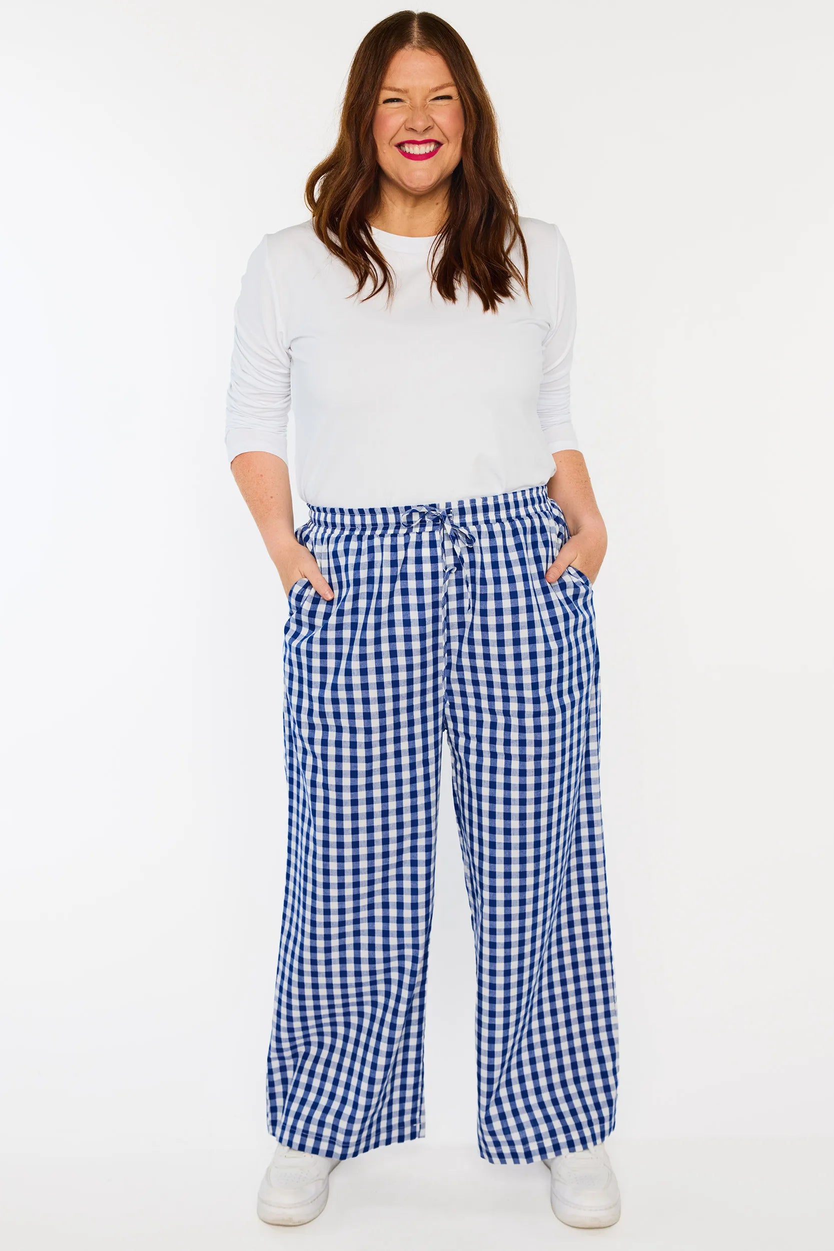 Beyond Navy Gingham Pant โ Navy Gingham wide leg pants