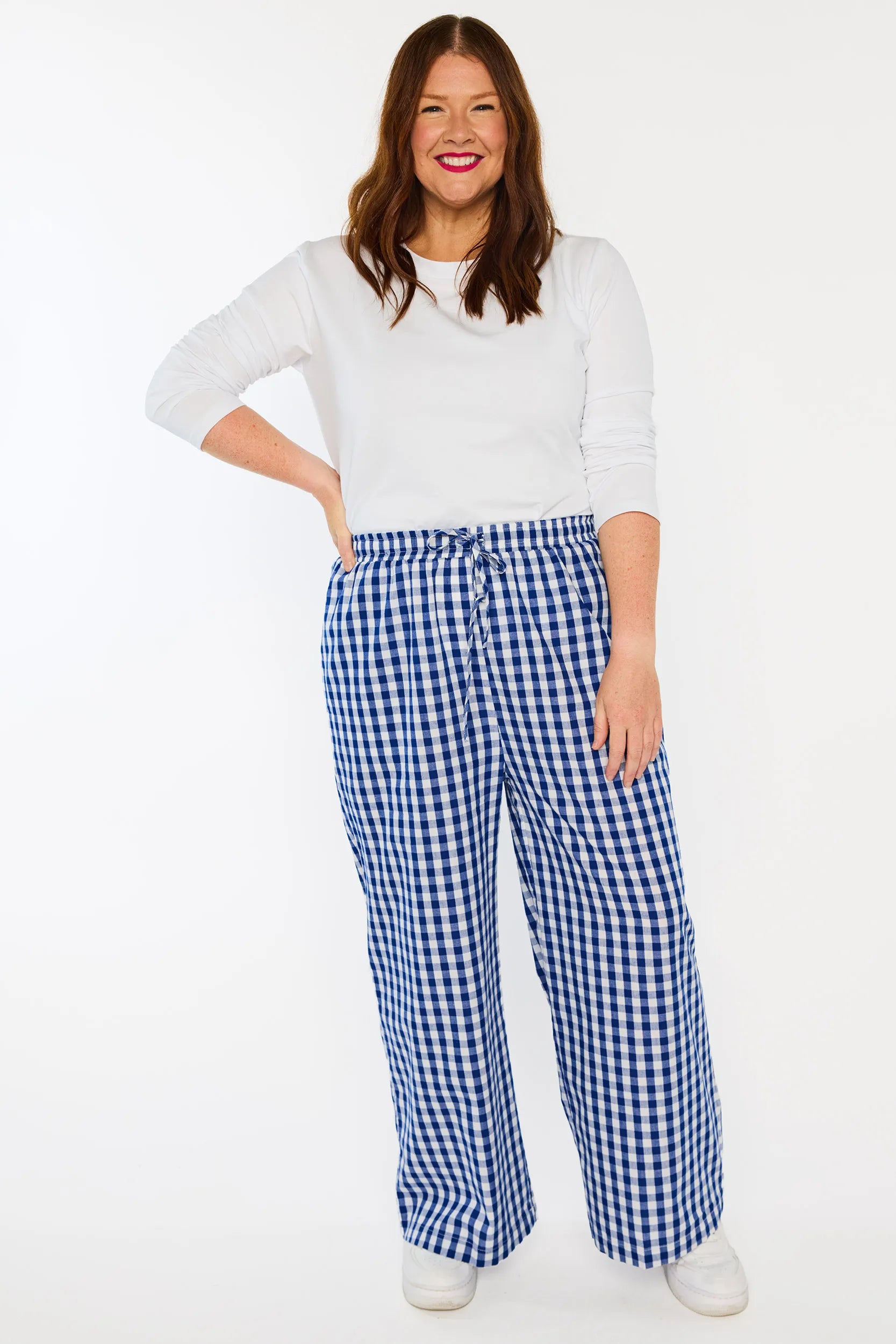 Beyond Navy Gingham Pant โ Navy Gingham wide leg pants